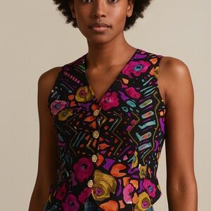 Vintage bold Floral geometric Button-Up vest with gold buttons